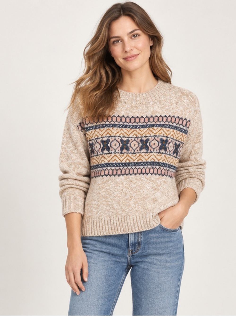 L.L.Bean Women’s S Petite Fair Isle Cotton Crewneck Sweater Cream Nordic